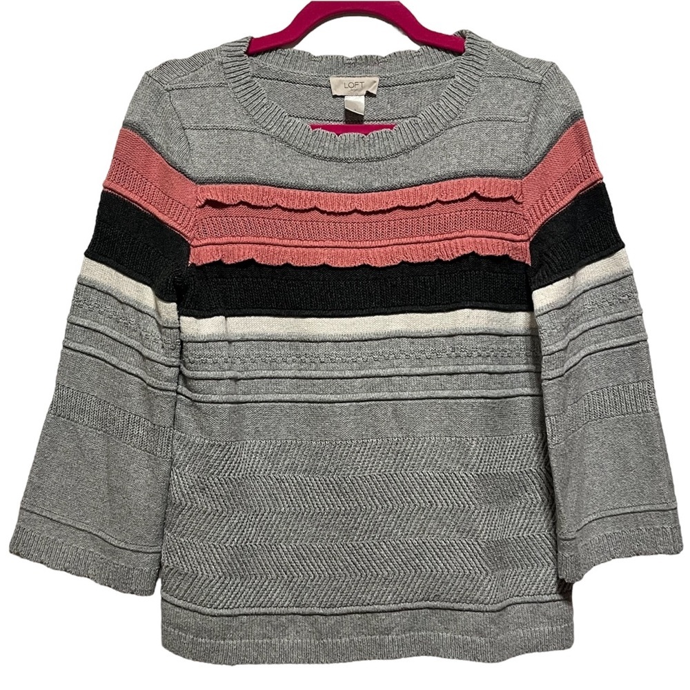 LOFT Scalloped Striped Sweater, Grey and Pink, Size Small